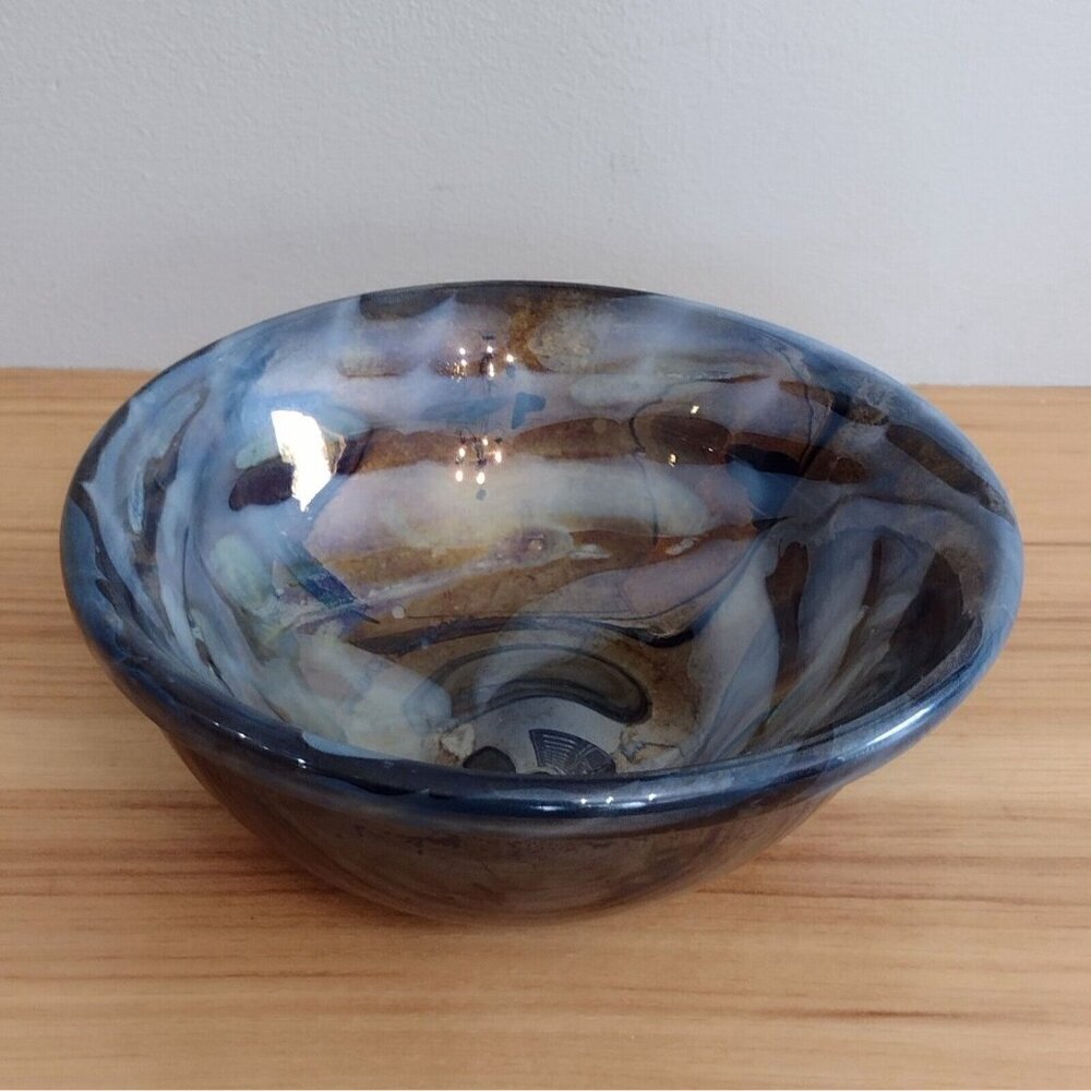 Vintage Hand Blown Art Glass Bowl Iridescent Blue Swirl Unsigned Heavy